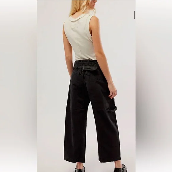 Free People The Only One Carpenter Pants Barrel Slouchy Cinch Back Band Black